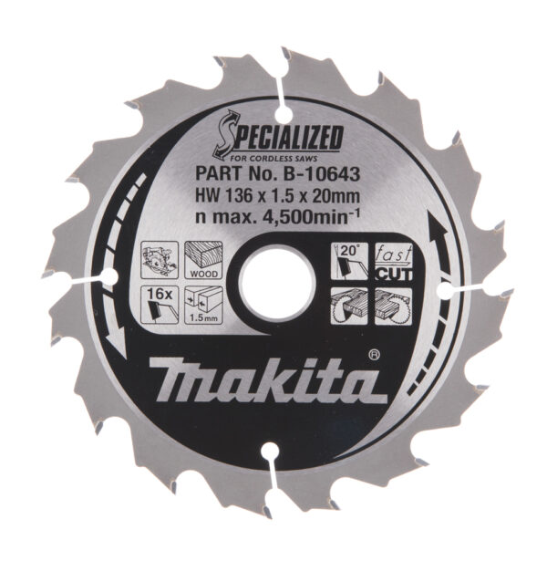 Diskinis pjūklas medienai Makita SPECIALIZED 136X1.5X20mm 20° T16 T.C.T
