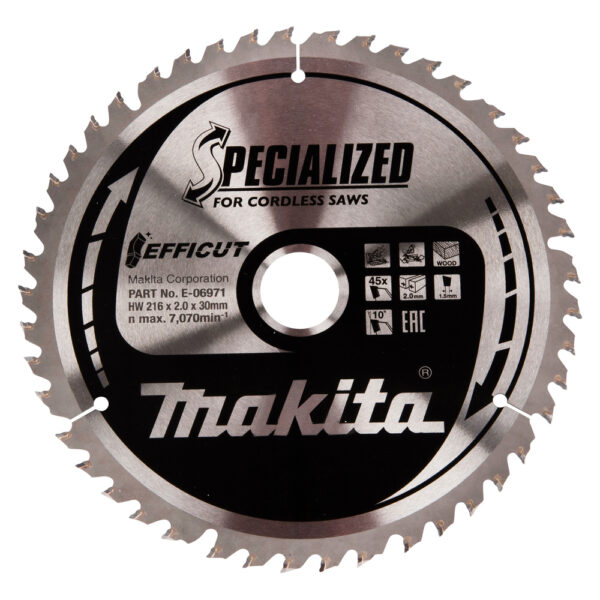 Diskinis pjūklas medienai Makita EFFICUT 216X30X2,0MM, Z-45 10° T.C.T