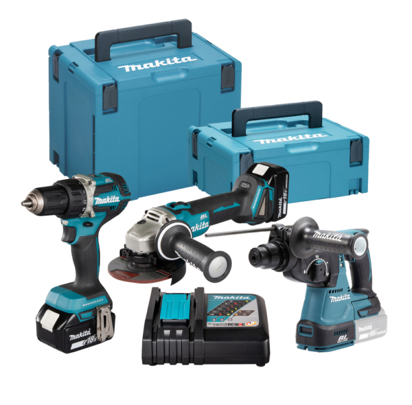 Akumuliatorinių įrankių rinkinys Makita COMBO KIT DDF484+DHR242+DGA504 2x5Ah + DC18
