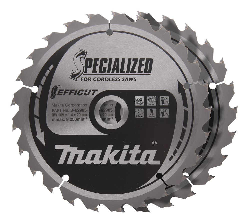 Diskinis pjūklas Makita medienai/MDF/laminatui 165X1.4X20mm 23° T25 EFFICUT (2 vnt.)